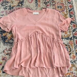 Chic Pink Ruffled V-Neck Blouse